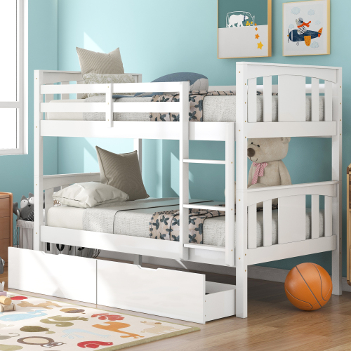 

Twin-Over-Twin Size Bunk Bed Frame with 2 Storage Drawers, Ladder, and Wooden Slats Support, No Spring Box Required, for Kids, Teens, Boys, Girls (Frame Only) - White