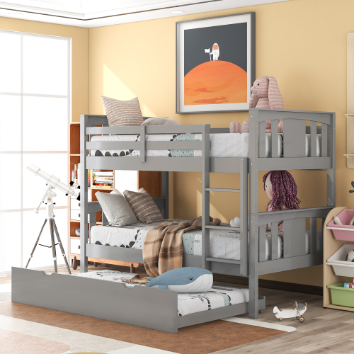 

Twin-Over-Twin Size Bunk Bed Frame with Trundle Bed, Ladder, and Wooden Slats Support, No Spring Box Required, for Kids, Teens, Boys, Girls (Frame Only) - Gray