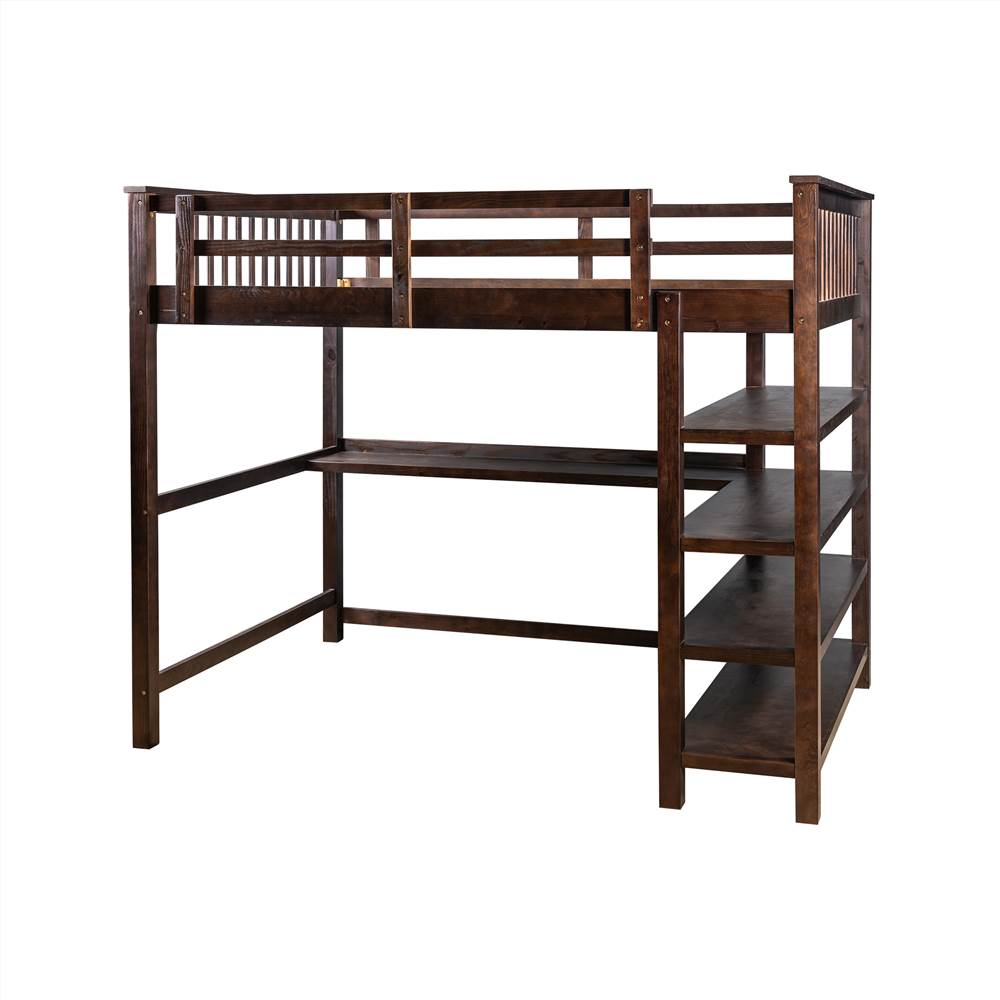 Full-Size Loft Bed Frame with Desk, Storage Shelves Espresso