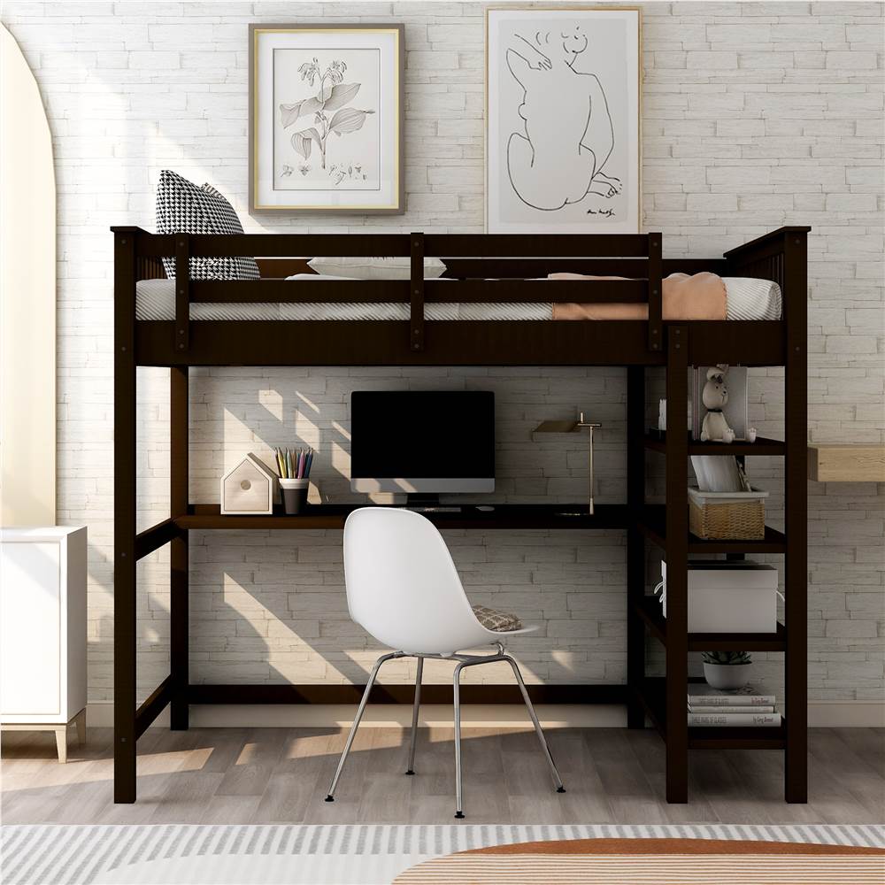 Full Size Wooden Loft Bed Frame With, Loft Beds Desk Space