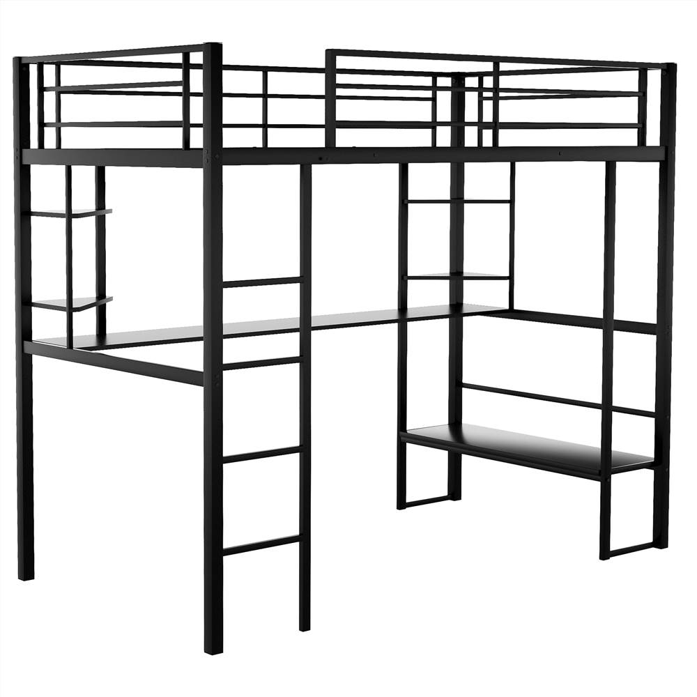 Twin-Size Loft Bed Frame With Ladder Desk Storage Shelves Black