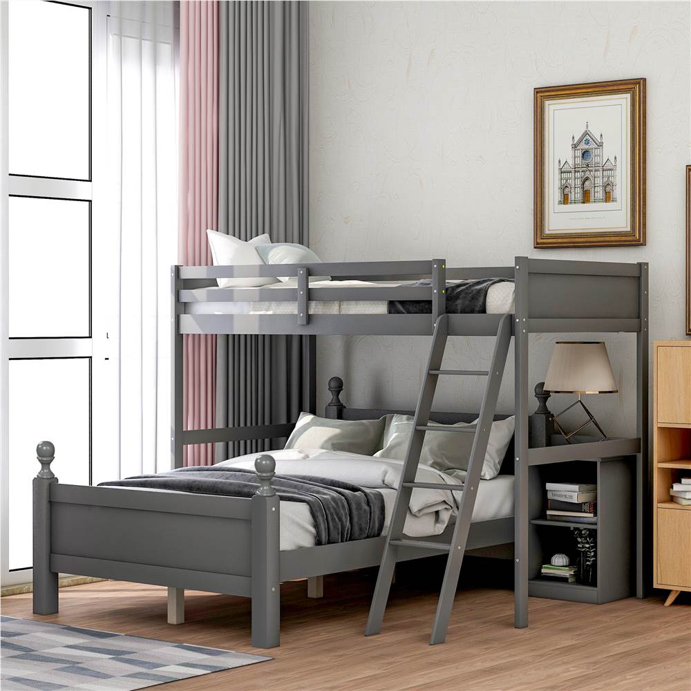 

Twin-Over-Full Size Separable Bunk Bed Frame with Storage Cabinet, Ladder, and Wooden Slats Support, No Spring Box Required, for Kids, Teens (Frame Only) - Gray
