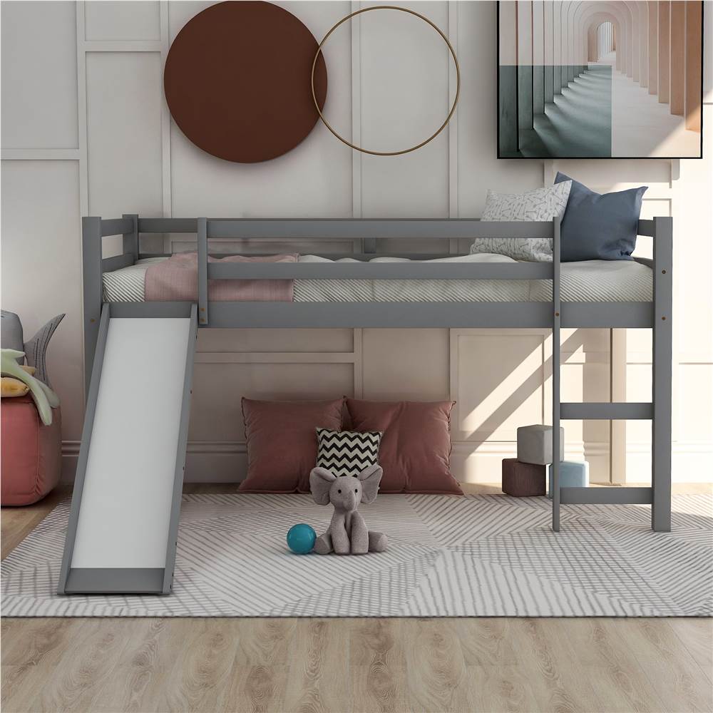 

Twin-Size Loft Bed Frame with Ladder, Slide, and Wooden Slats Support, for Kids, Teens, Boys, Girls (Frame Only) - Gray