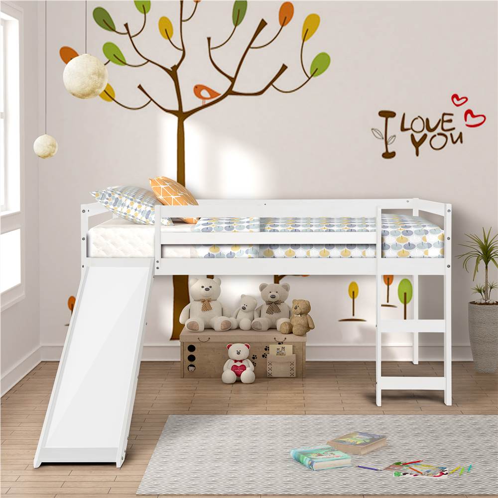 

Twin-Size Loft Bed Frame with Ladder, Slide, and Wooden Slats Support, for Kids, Teens, Boys, Girls (Frame Only) - White