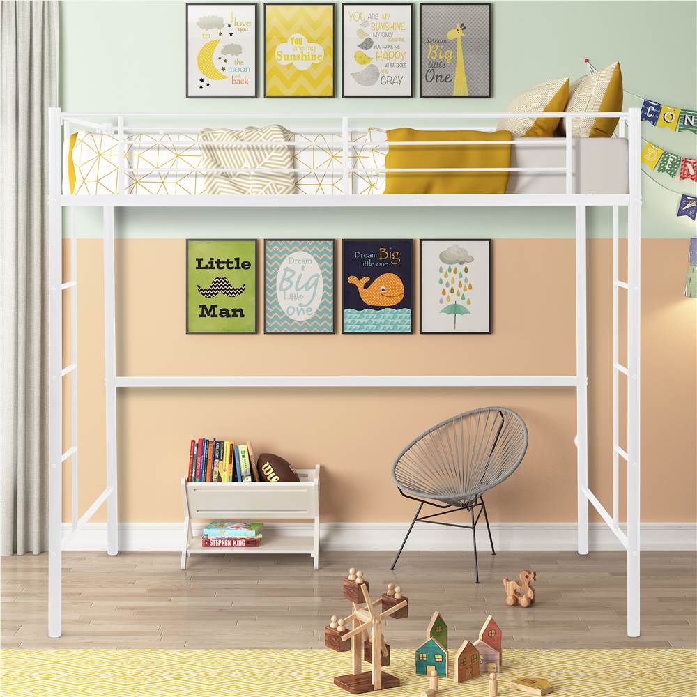 

Twin-Size Loft Bed Frame with Two-Side Ladders, and Steel Slats Support, for Kids, Teens, Boys, Girls (Frame Only) - White