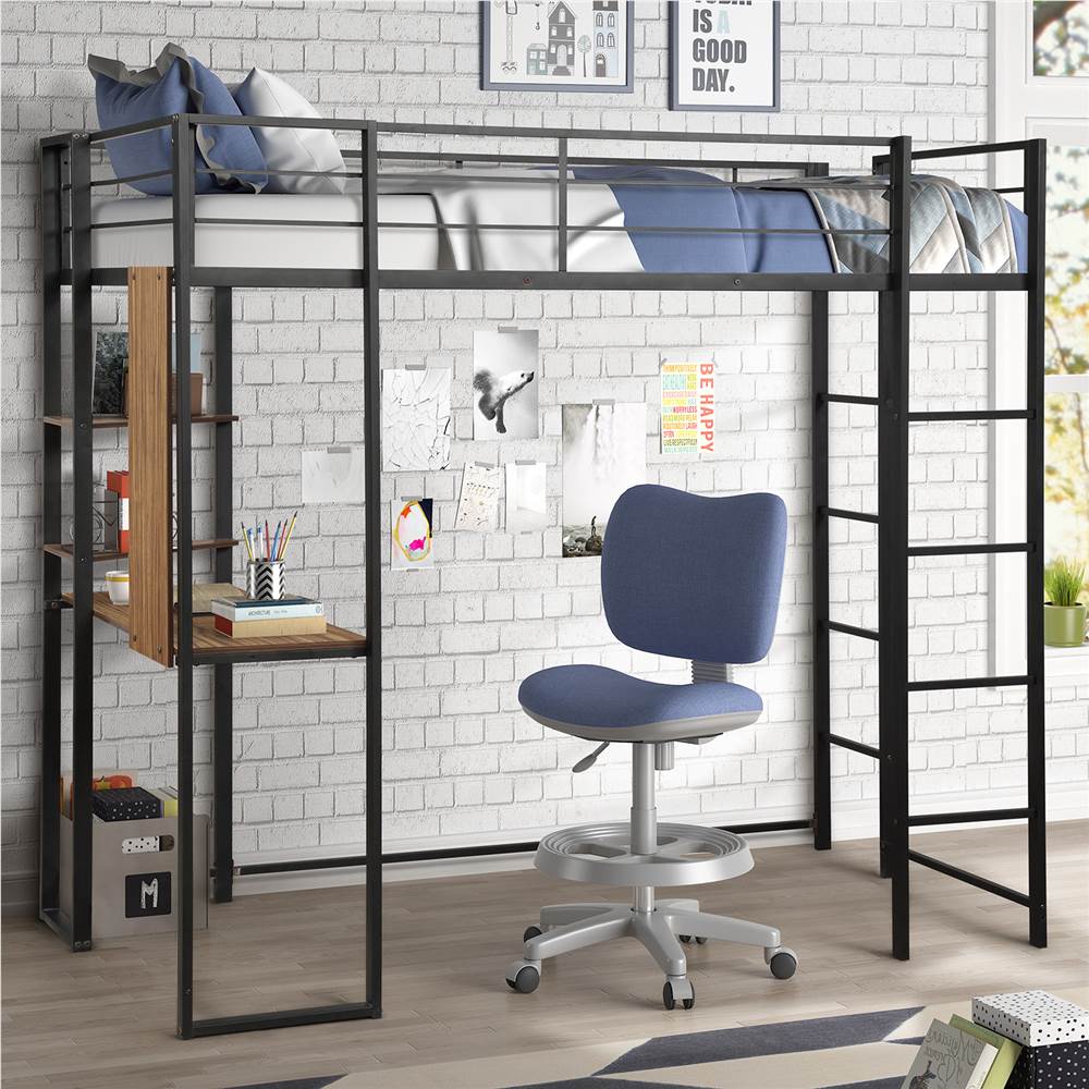 

Twin-Size Loft Bed Frame with Desk, Storage Shelves, Ladder, and Metal Slats Support, for Kids, Teens, Boys, Girls (Frame Only) - Black