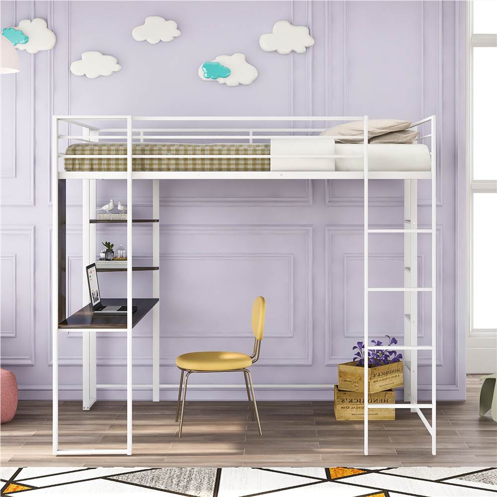 

Twin-Size Loft Bed Frame with Desk, Storage Shelves, Ladder, and Metal Slats Support, for Kids, Teens, Boys, Girls (Frame Only) - White