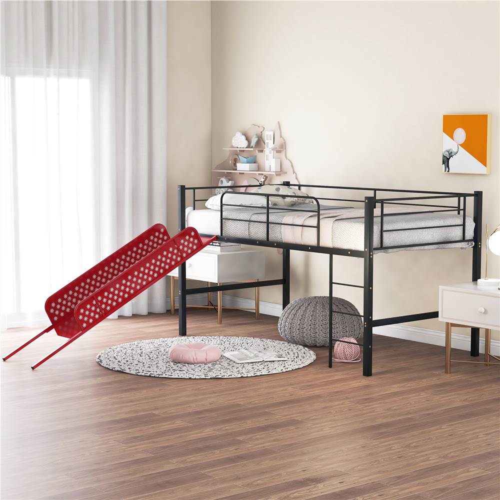 

Twin-Size Loft Bed Frame with Ladder, Slide, and Metal Slats Support, for Kids, Teens, Boys, Girls (Frame Only) - Red