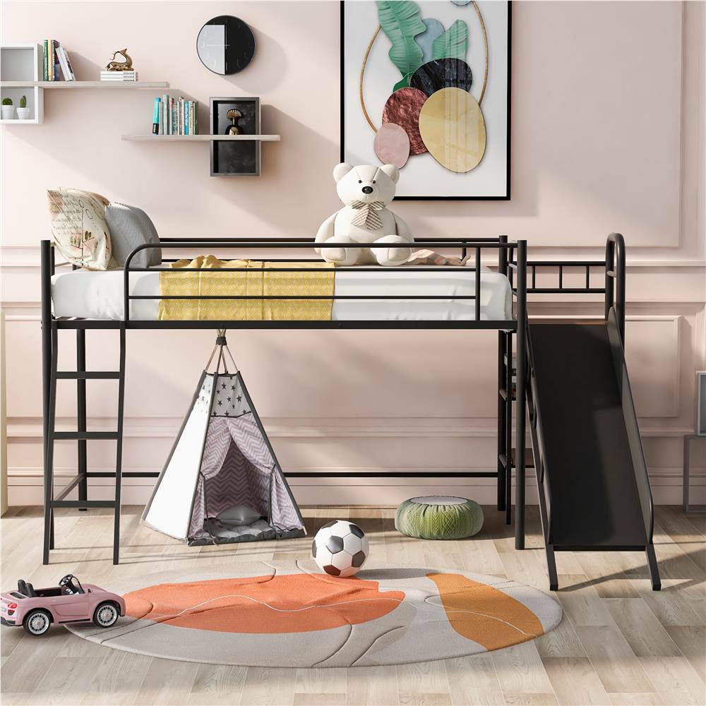 

Twin-Size Loft Bed Frame with Slide, Storage Shelves, Ladder, and Metal Slats Support, for Kids, Teens, Boys, Girls (Frame Only) - Black
