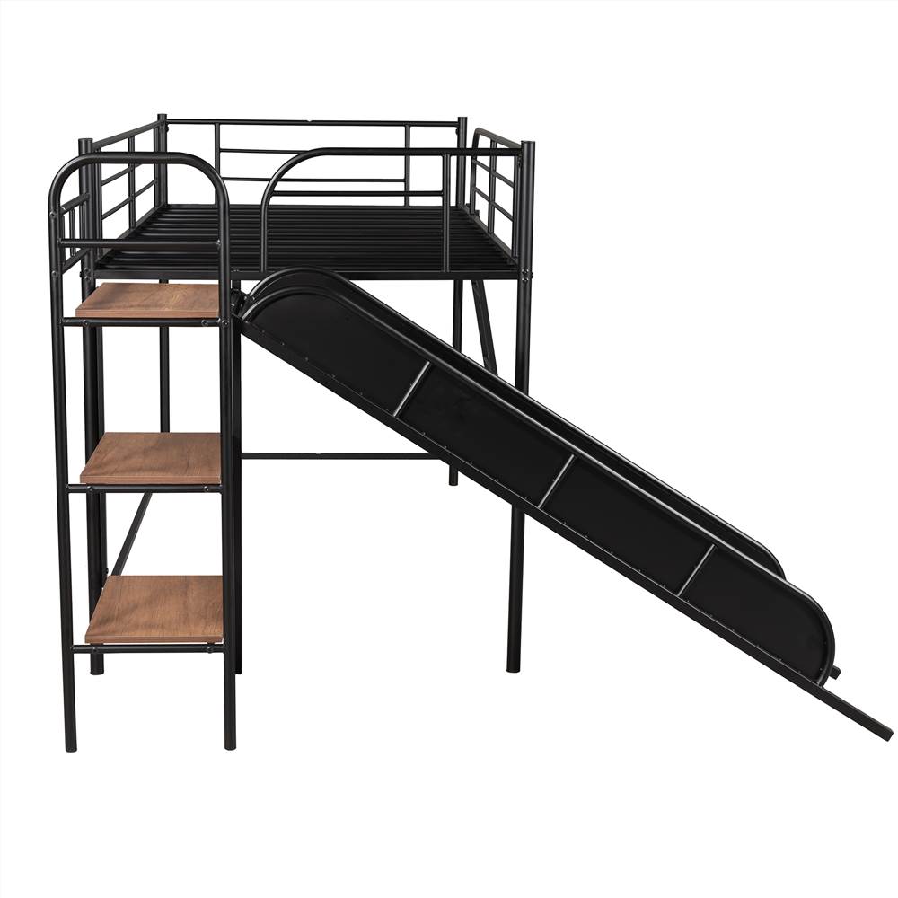 Twin-size Loft Bed Frame With Slide, Storage Shelves Black