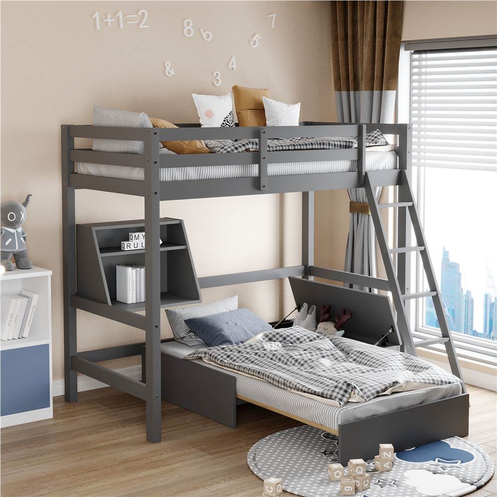 Twin-Size Loft Bed Frame with Convertible Lower Bed, Storage Box, Shelf, Ladder, and Wooden Slats Support, for Kids, Teens, Boys, Girls (Frame Only) - Gray