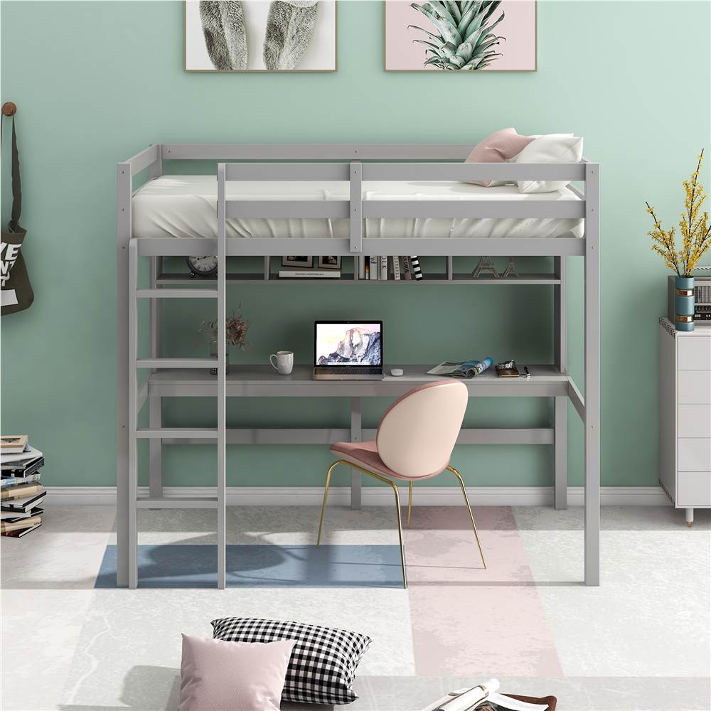 

Twin-Size Loft Bed Frame with Desk, Storage Shelves, Ladder, and Wooden Slats Support, for Kids, Teens, Boys, Girls (Frame Only) - Gray