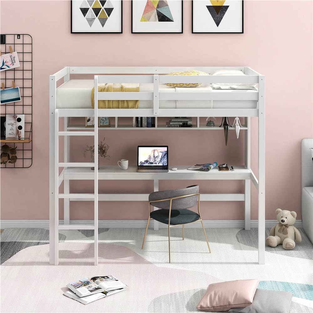 

Twin-Size Loft Bed Frame with Desk, Storage Shelves, Ladder, and Wooden Slats Support, for Kids, Teens, Boys, Girls (Frame Only) - White