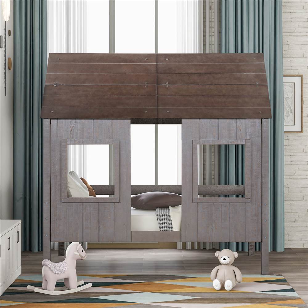 Twin-Size House-shaped Loft Bed Frame with 2 Front Windows, and Wooden Slats Support, for Kids, Teens, Boys, Girls (Frame Only) - Gray