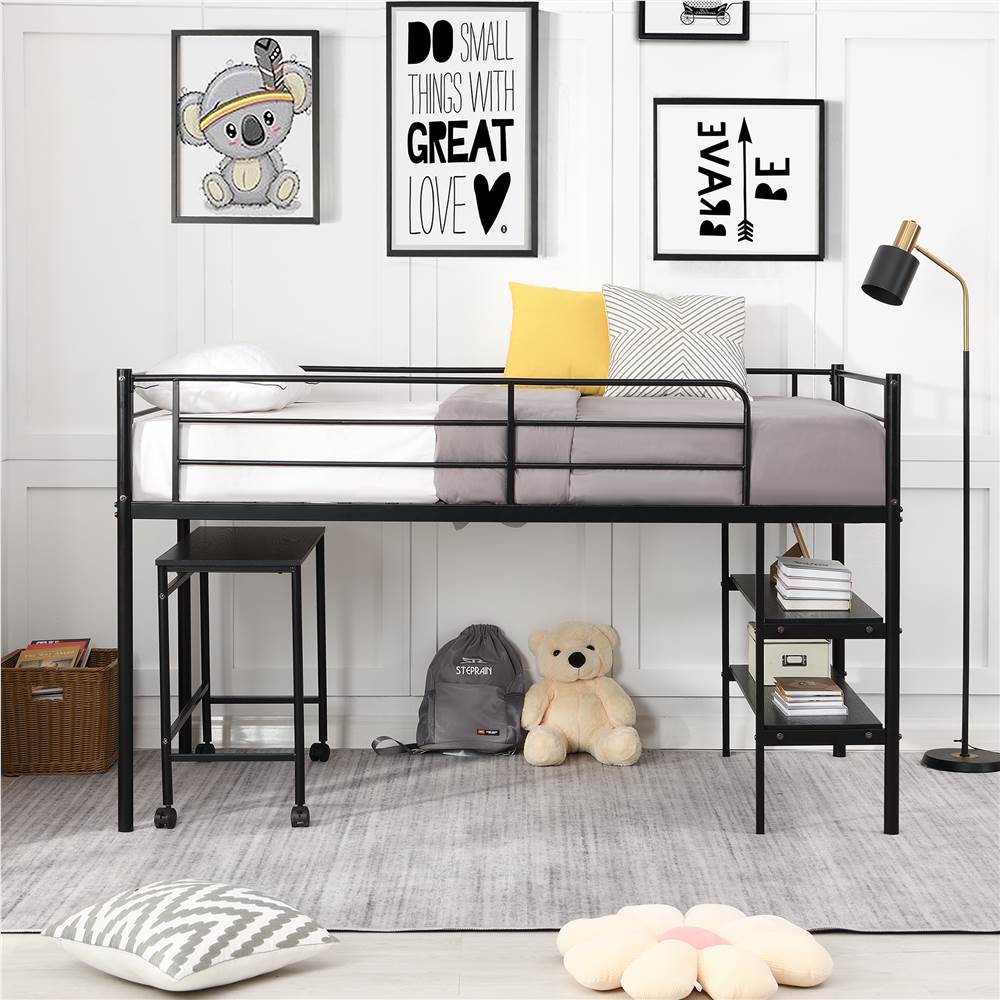 

Twin-Size Loft Bed Frame with Ladder, Built-in-Desk, Storage Shelves, and Metal Slats Support, for Kids, Teens, Boys, Girls (Frame Only) - Black