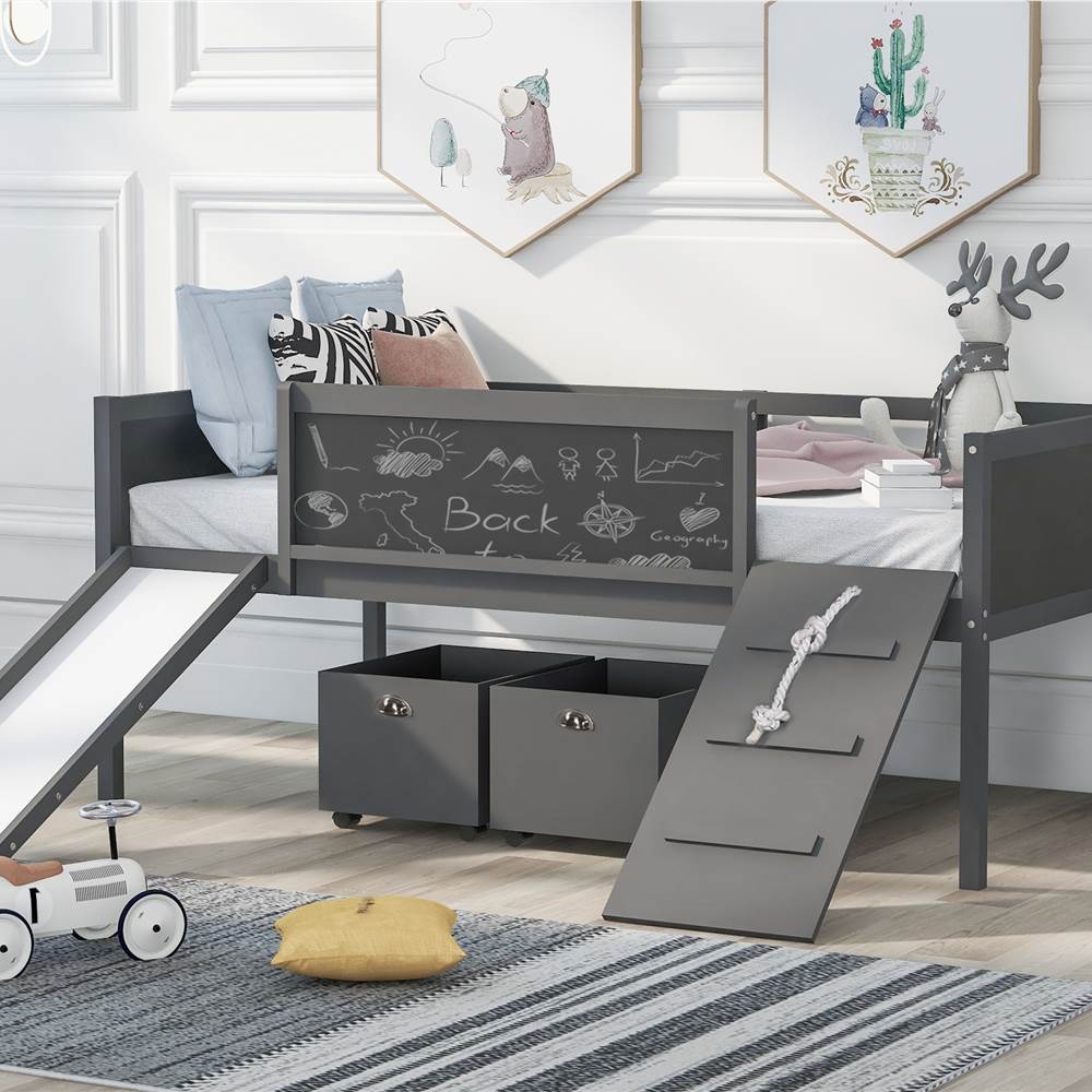 

Twin-Size Loft Bed Frame with 2 Storage Boxes, Slide, and Wooden Slats Support, for Kids, Teens, Boys, Girls (Frame Only) - Gray
