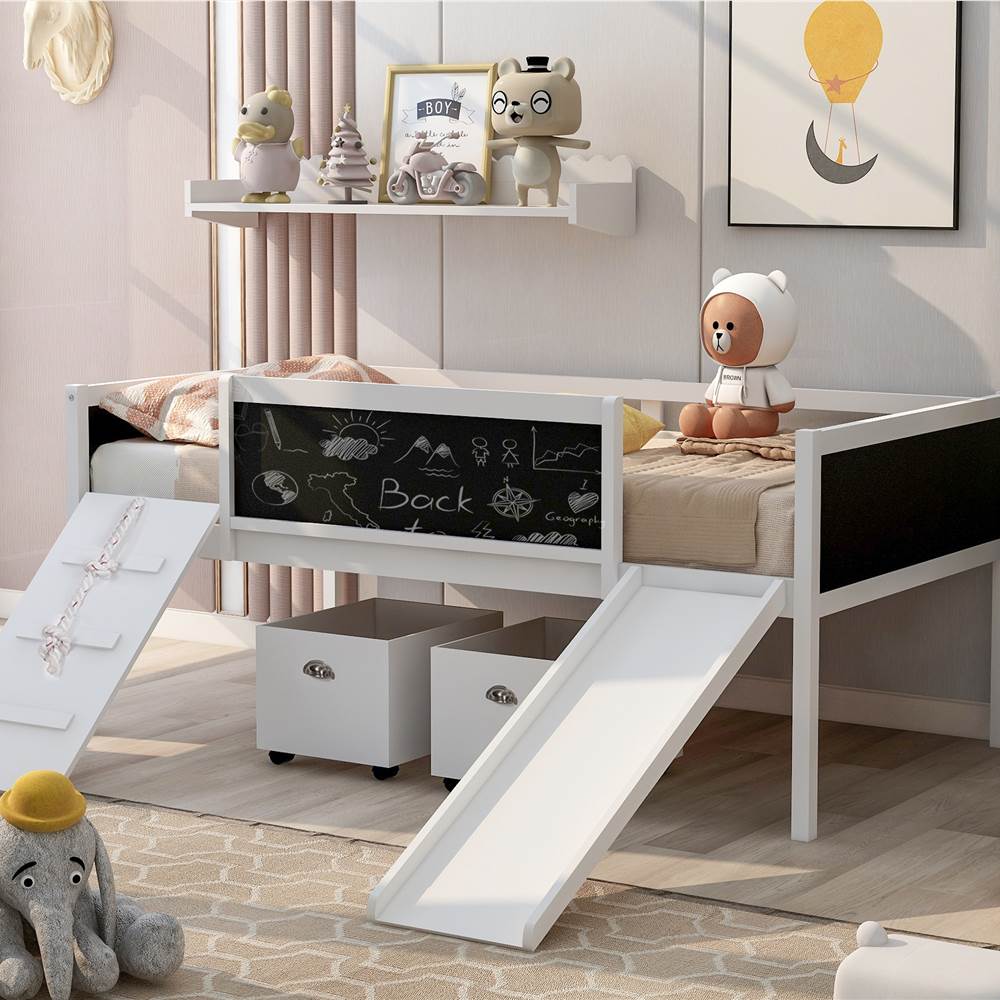 

Twin-Size Loft Bed Frame with 2 Storage Boxes, Slide, and Wooden Slats Support, for Kids, Teens, Boys, Girls (Frame Only) - White