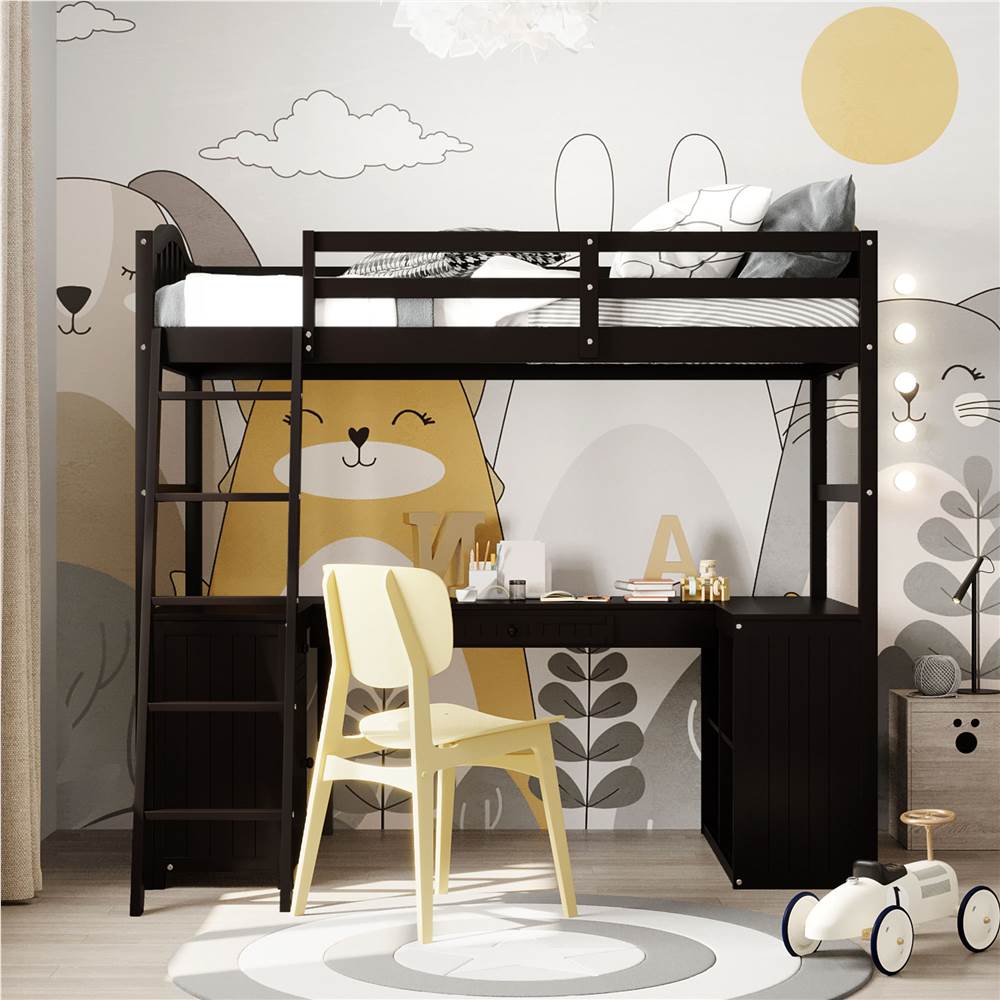 

Twin-Size Loft Bed Frame with Desk, Storage Drawers, Cabinet, Shelves, Ladder, and Wooden Slats Support, for Kids, Teens, Boys, Girls (Frame Only) - Espresso