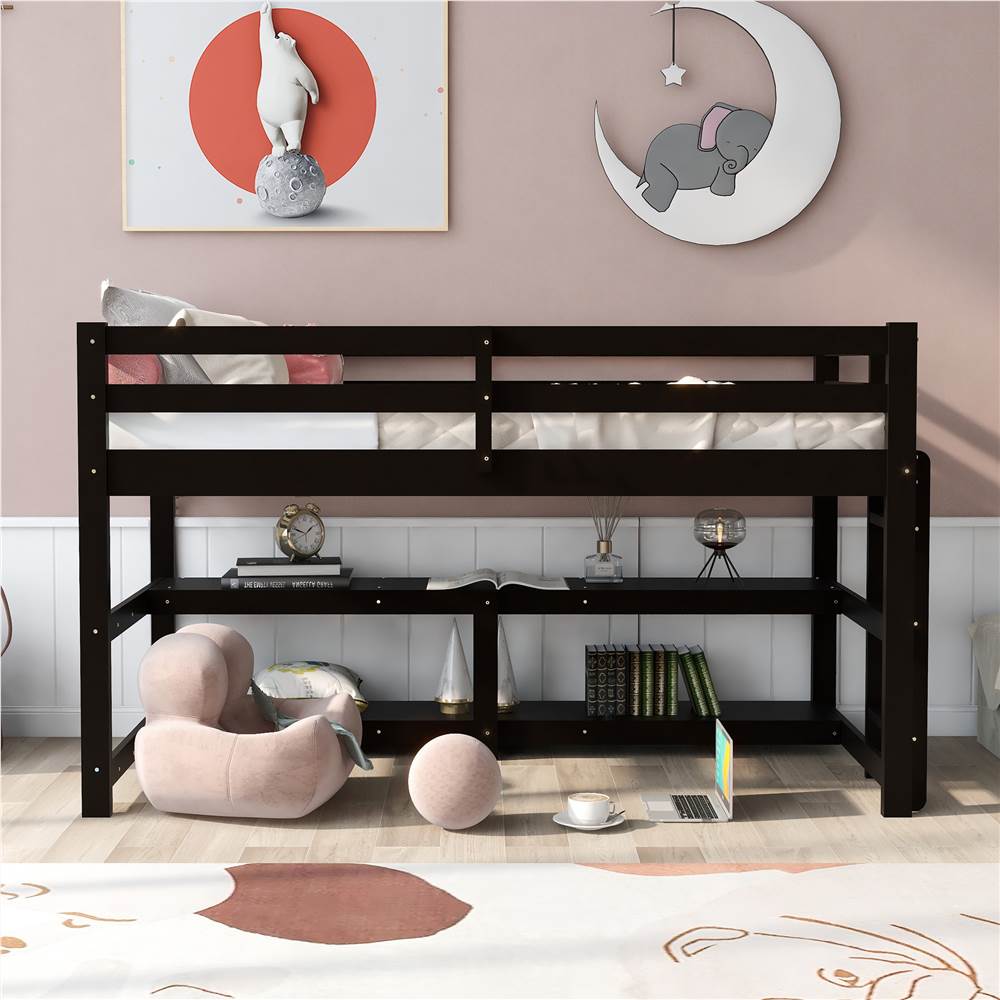 

Twin-Size Loft Bed Frame with Ladder, Storage Shelves, and Wooden Slats Support, for Kids, Teens, Boys, Girls (Frame Only) - Espresso