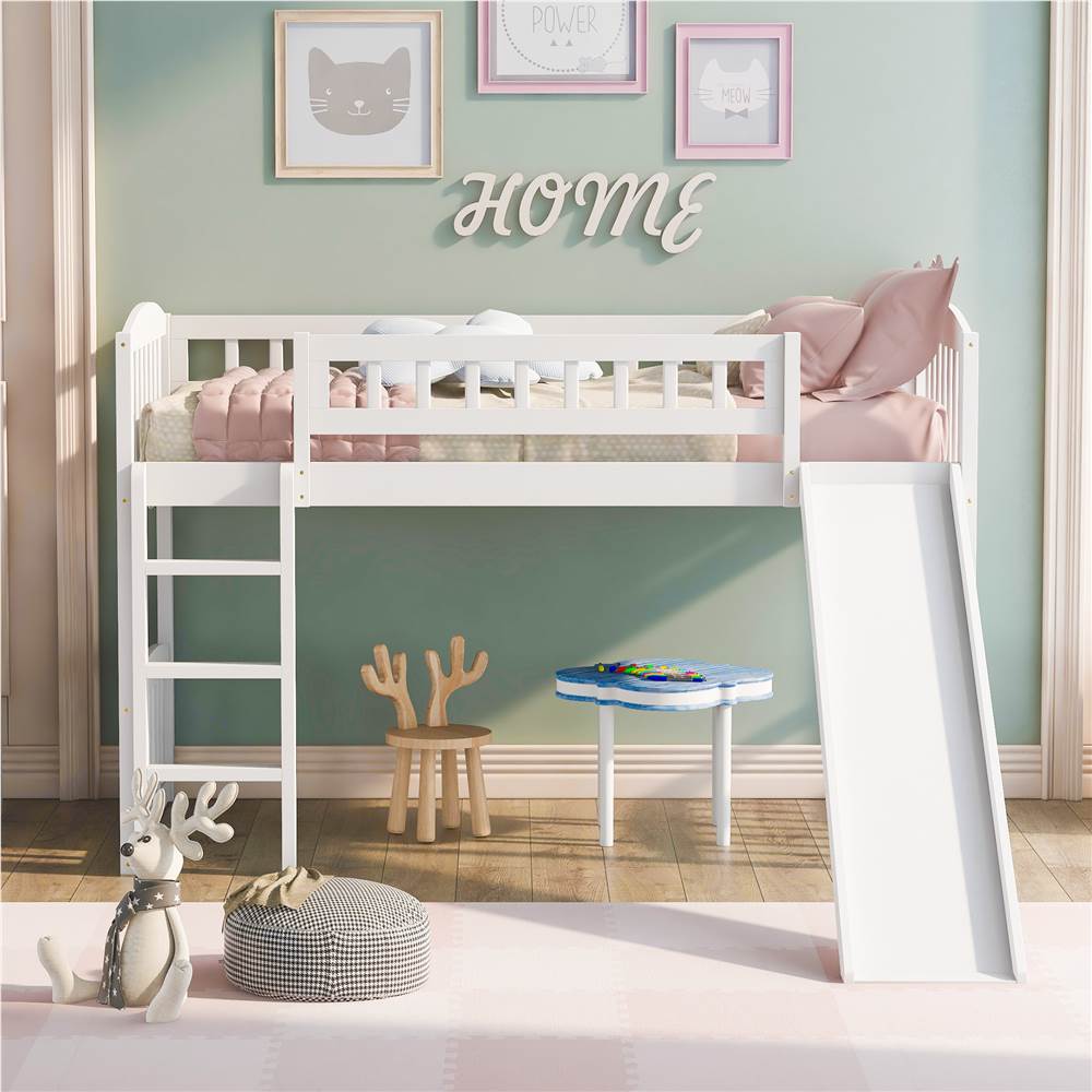 

Twin-Size Loft Bed Frame with Slide, Ladder, and Wooden Slats Support, for Kids, Teens, Boys, Girls (Frame Only) - White