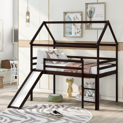 Kids Twin Low Loft Bed Frame with Slide Ladder For Teens Bedroom Wood Furniture 