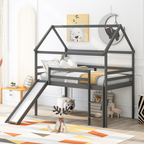 

Twin-Size House-shaped Loft Bed Frame with Ladder, Slide, and Wooden Slats Support, for Kids, Teens, Boys, Girls (Frame Only) - Gray