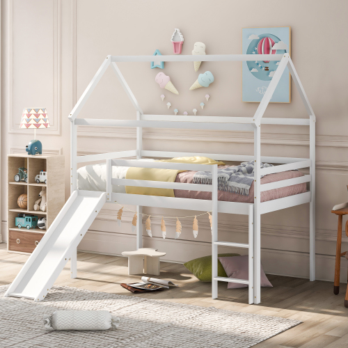 

Twin-Size House-shaped Loft Bed Frame with Ladder, Slide, and Wooden Slats Support, for Kids, Teens, Boys, Girls (Frame Only) - White