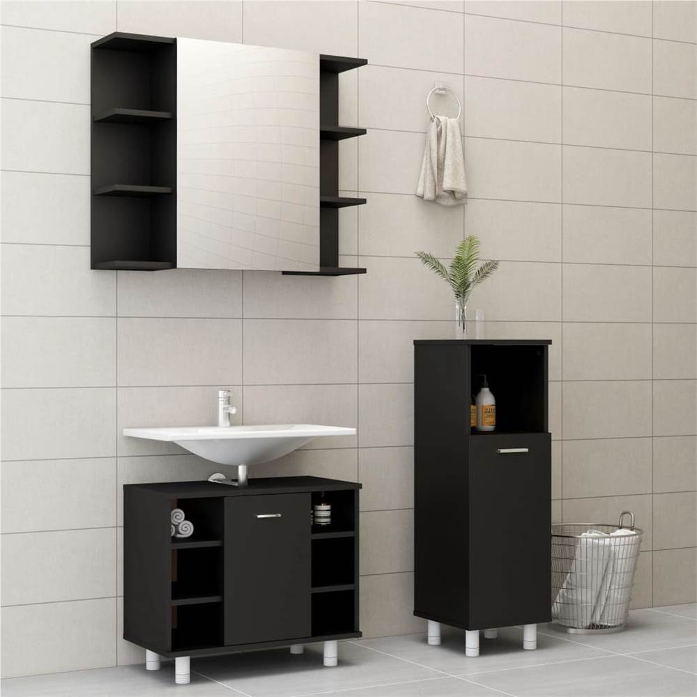 3-teiliges Badezimmermöbel-Set Schwarze Spanplatte