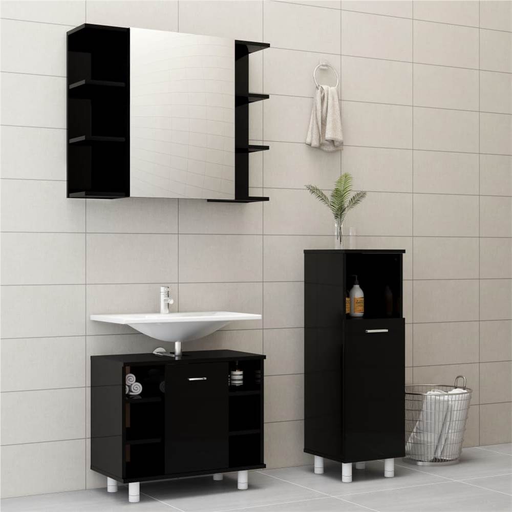 

3 Piece Bathroom Furniture Set High Gloss Black Chipboard