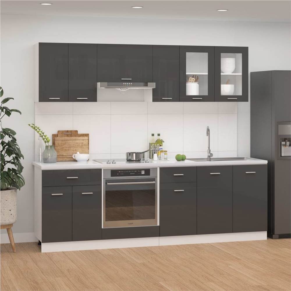 8 Piece Kitchen Cabinet Set High Gloss Grey Chipboard