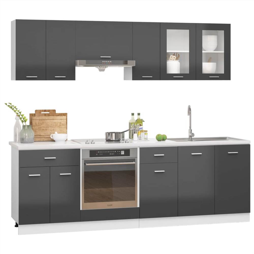 8 Piece Kitchen Cabinet Set High Gloss Grey Chipboard