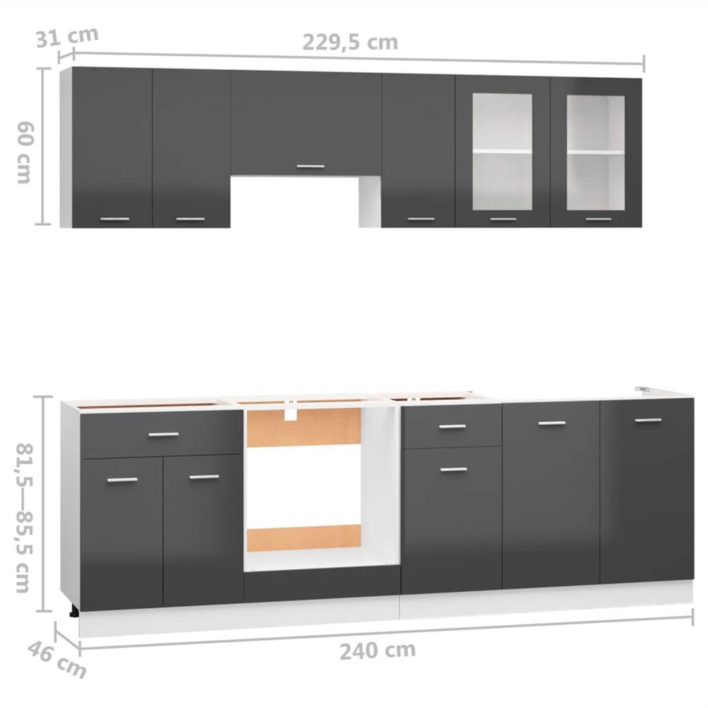 8 Piece Kitchen Cabinet Set High Gloss Grey Chipboard