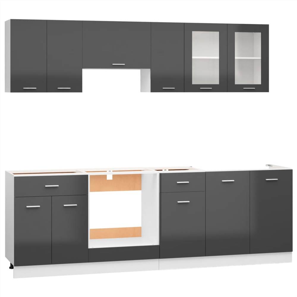8 Piece Kitchen Cabinet Set High Gloss Grey Chipboard