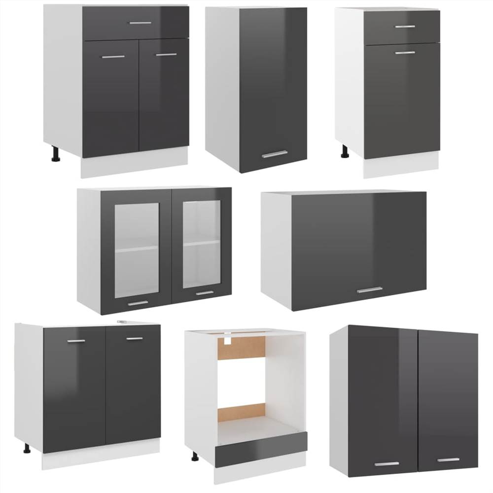 8 Piece Kitchen Cabinet Set High Gloss Grey Chipboard
