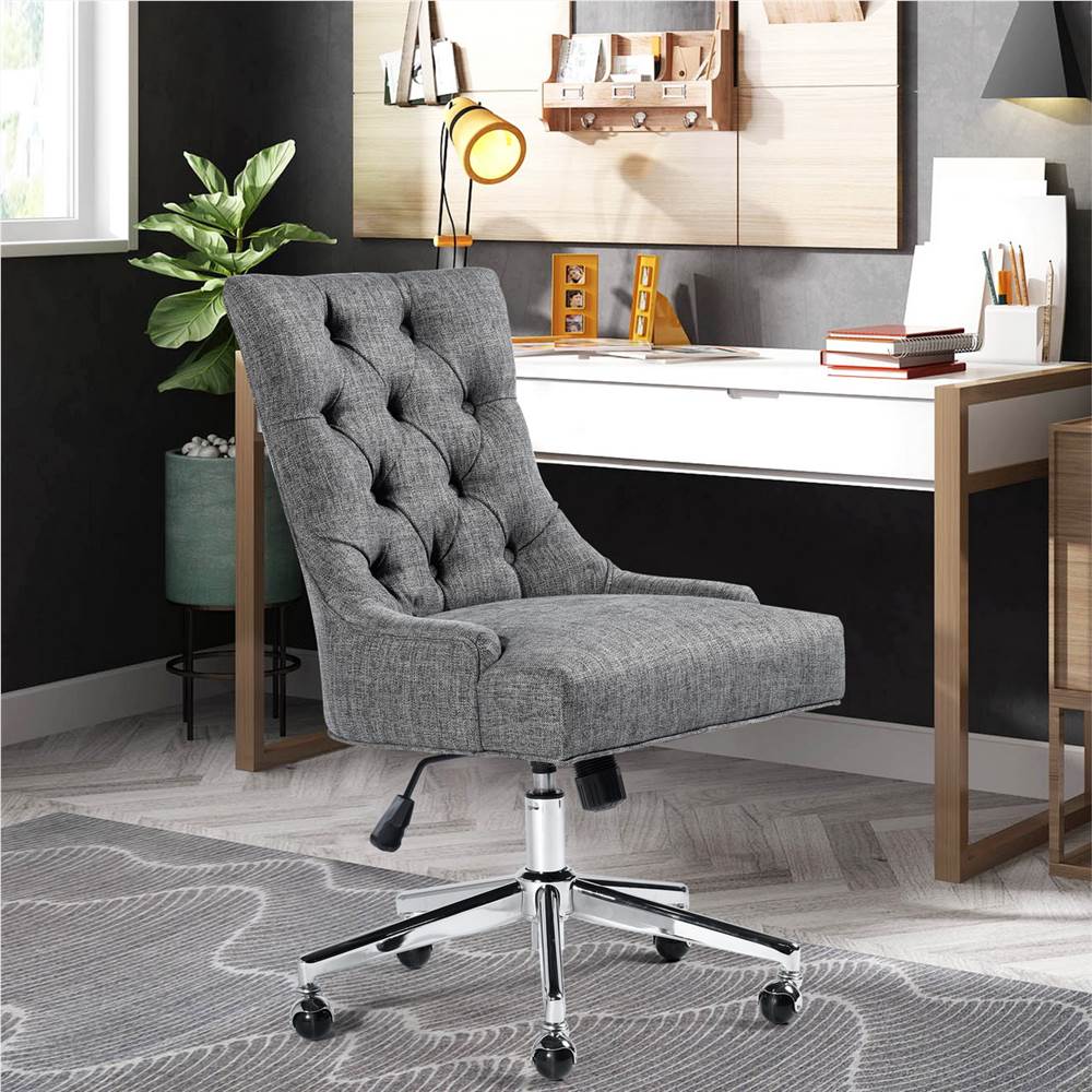 Fabric Upholstered Swivel Chair Height Adjustable with Middle Backrest and Casters for Living Room, Bedroom, Dining Room, Office - Gray
