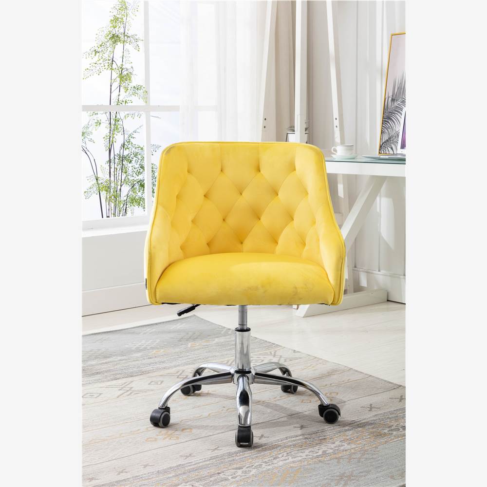 COOLMORE Modern Leisure Velvet Swivel Shell Chair Height Adjustable with Curved Backrest and Casters for Living Room, Bedroom, Dining Room, Office - Yellow