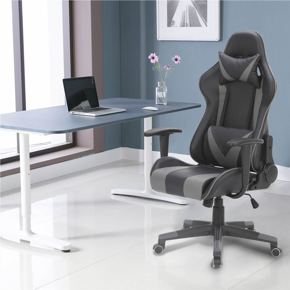 

Home Office PU Leather Rotatable Massage Gaming Chair Height Adjustable with Ergonomic High Backrest and Casters - Gray