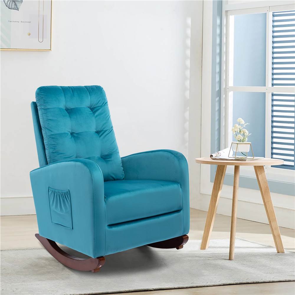 

Velvet Upholstered Rocking Chair with Solid Wood Base and High Backrest, for Living Room, Bedroom, Dining Room, Nursery - Blue
