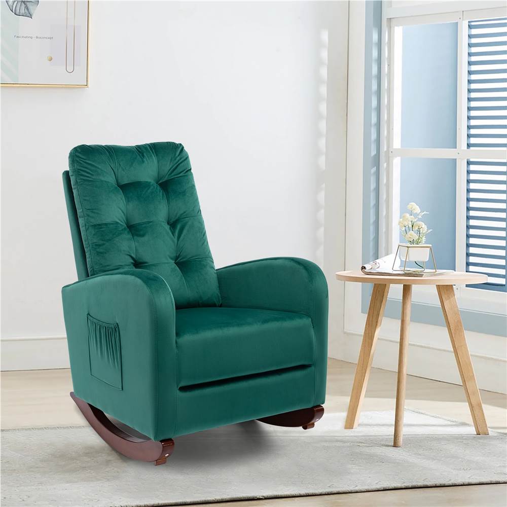 

Velvet Upholstered Rocking Chair with Solid Wood Base and High Backrest, for Living Room, Bedroom, Dining Room, Nursery - Green