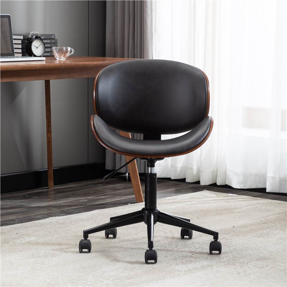 HengMing Modern Leisure PU Leather Swivel Chair Height Adjustable with Curved Backrest and Casters for Living Room, Bedroom, Dining Room, Office - Black