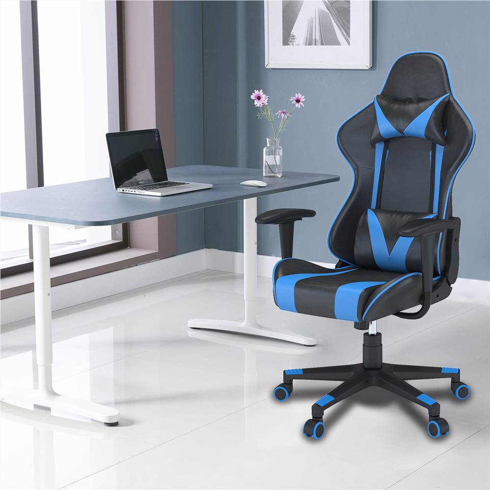 

Home Office PU Leather Adjustable Rotatable Massage Gaming Chair with Ergonomic High Backrest and Lumbar Support - Black + Blue