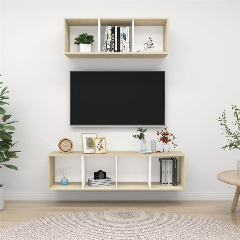 

2 Piece TV Cabinet Set White and Sonoma Oak Chipboard