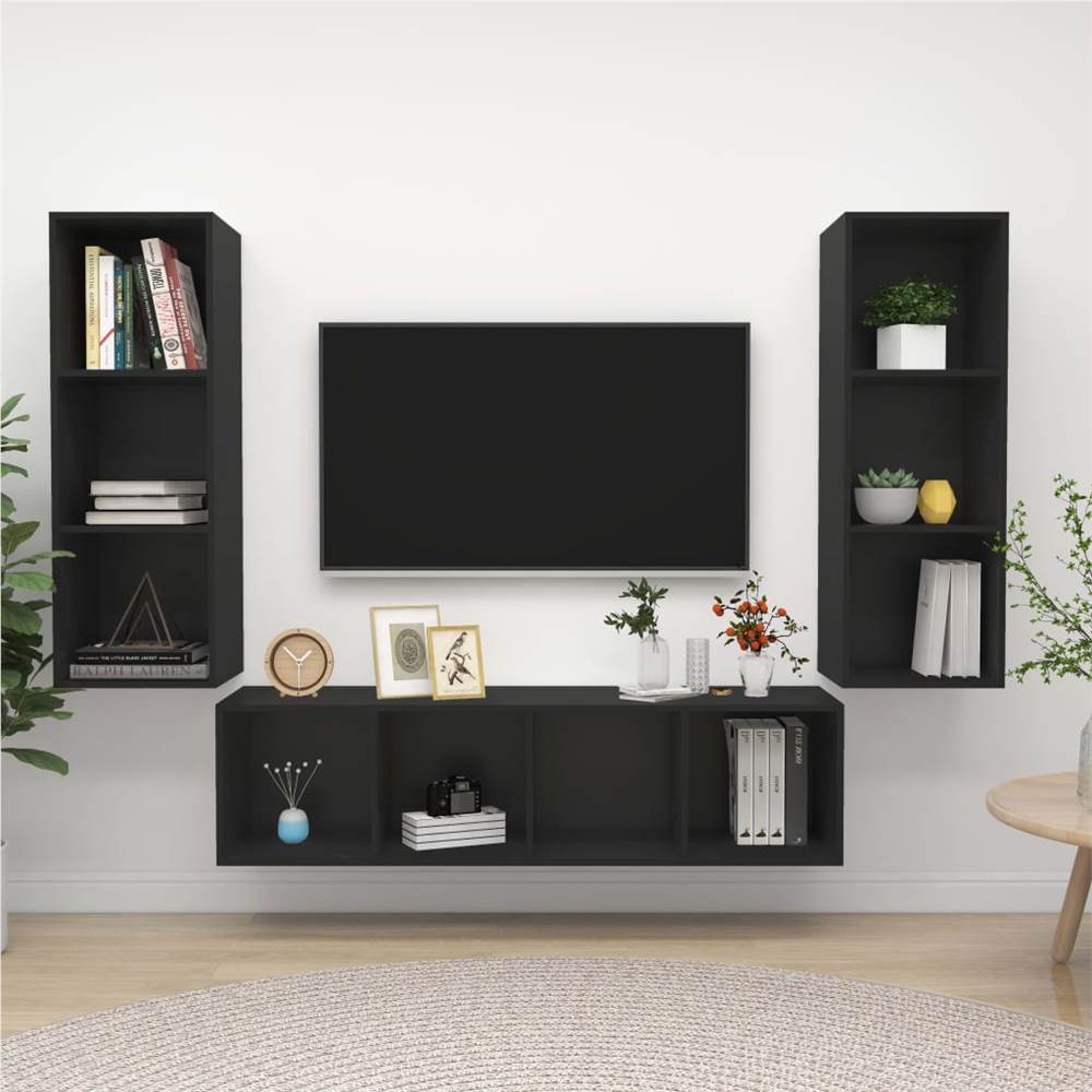 

3 Piece TV Cabinet Set Black Chipboard