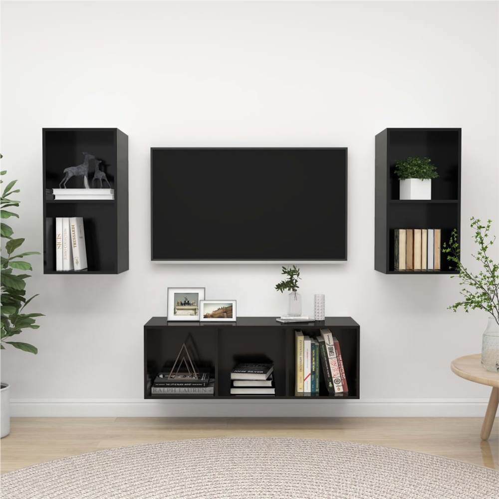 

3 Piece TV Cabinet Set High Gloss Black Chipboard