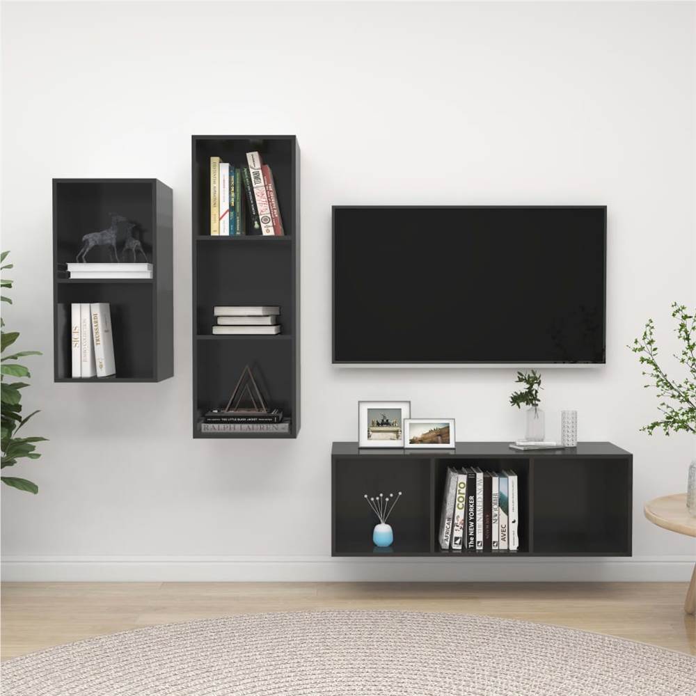 

3 Piece TV Cabinet Set High Gloss Grey Chipboard