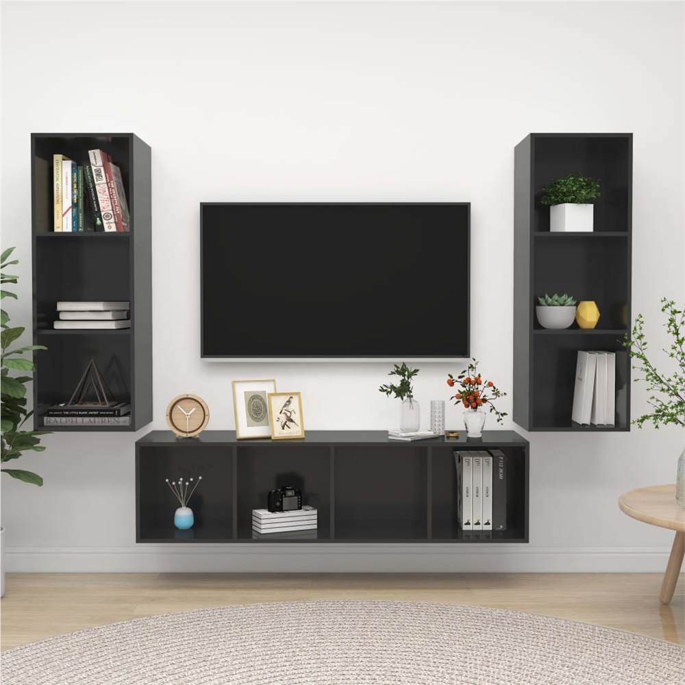 

3 Piece TV Cabinet Set High Gloss Grey Chipboard