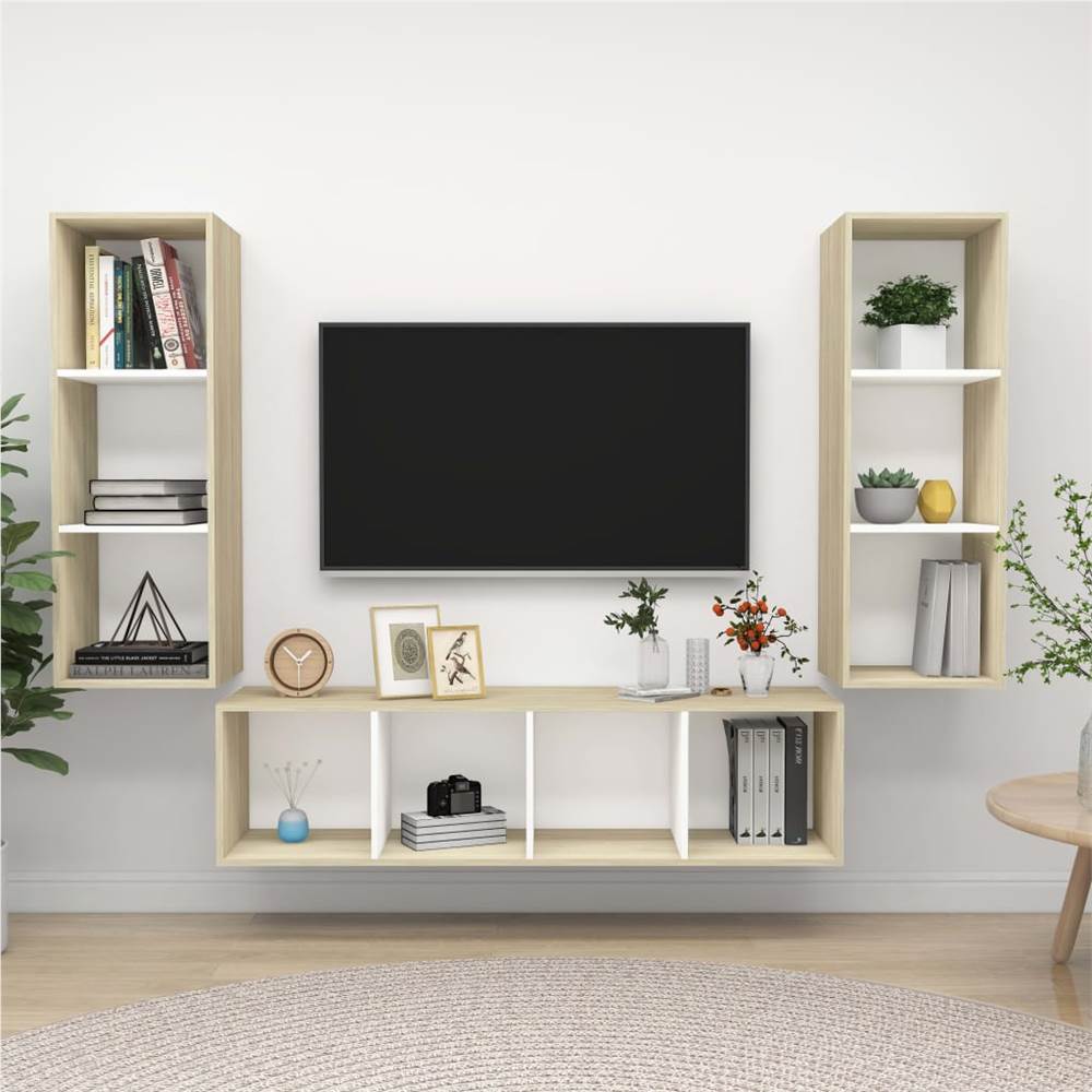 

3 Piece TV Cabinet Set White and Sonoma Oak Chipboard