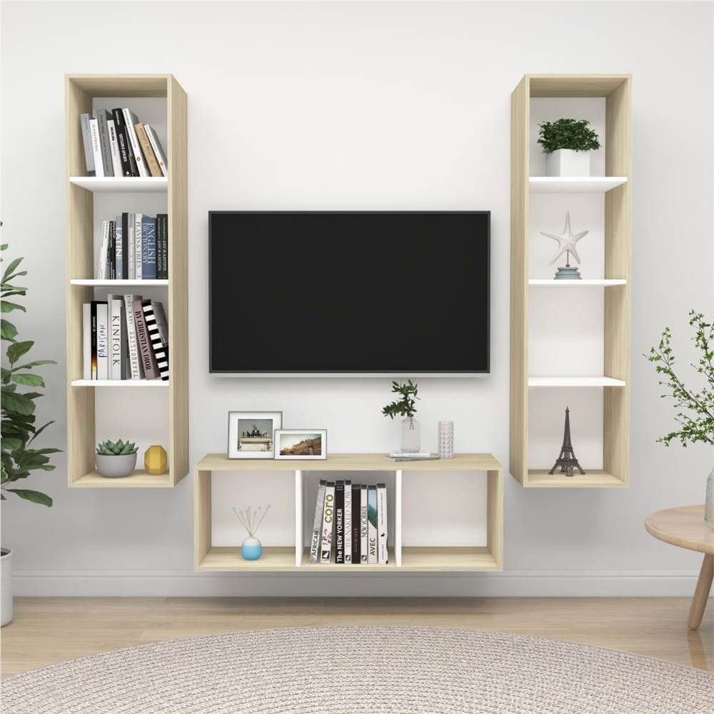 

3 Piece TV Cabinet Set White and Sonoma Oak Chipboard