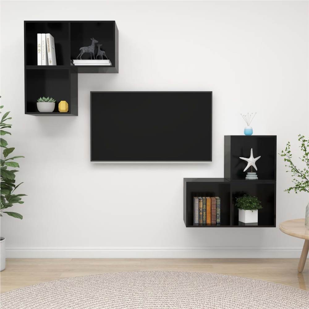 

4 Piece TV Cabinet Set High Gloss Black Chipboard