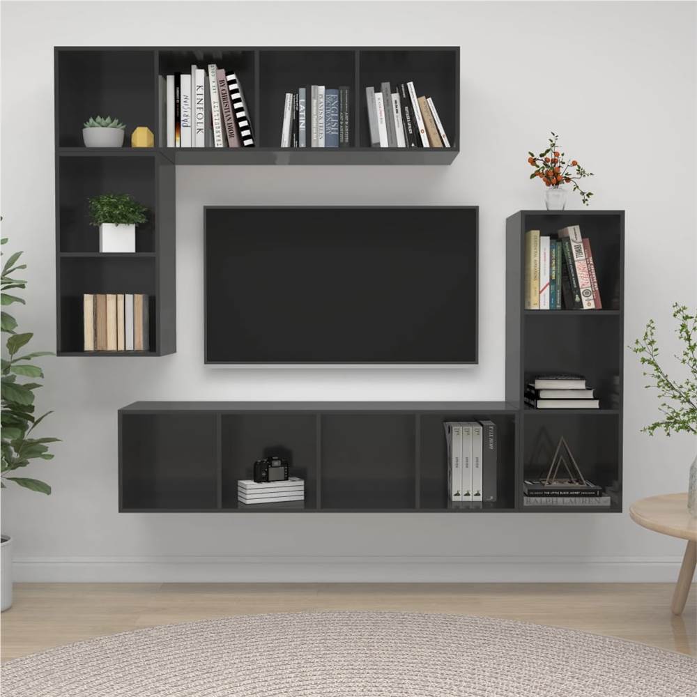 

4 Piece TV Cabinet Set High Gloss Grey Chipboard